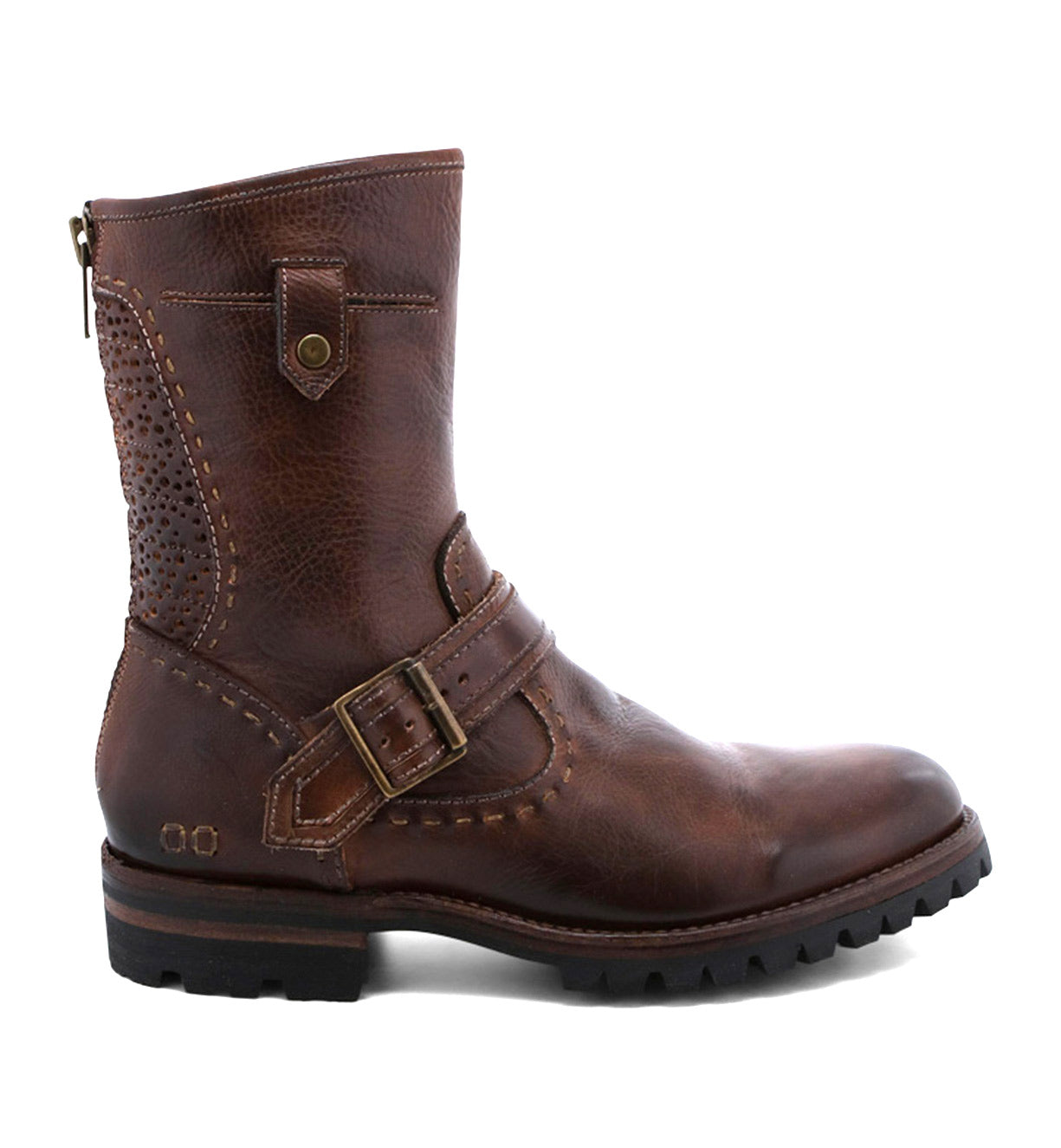 A men's brown leather Brando boot with Bed Stu buckles.