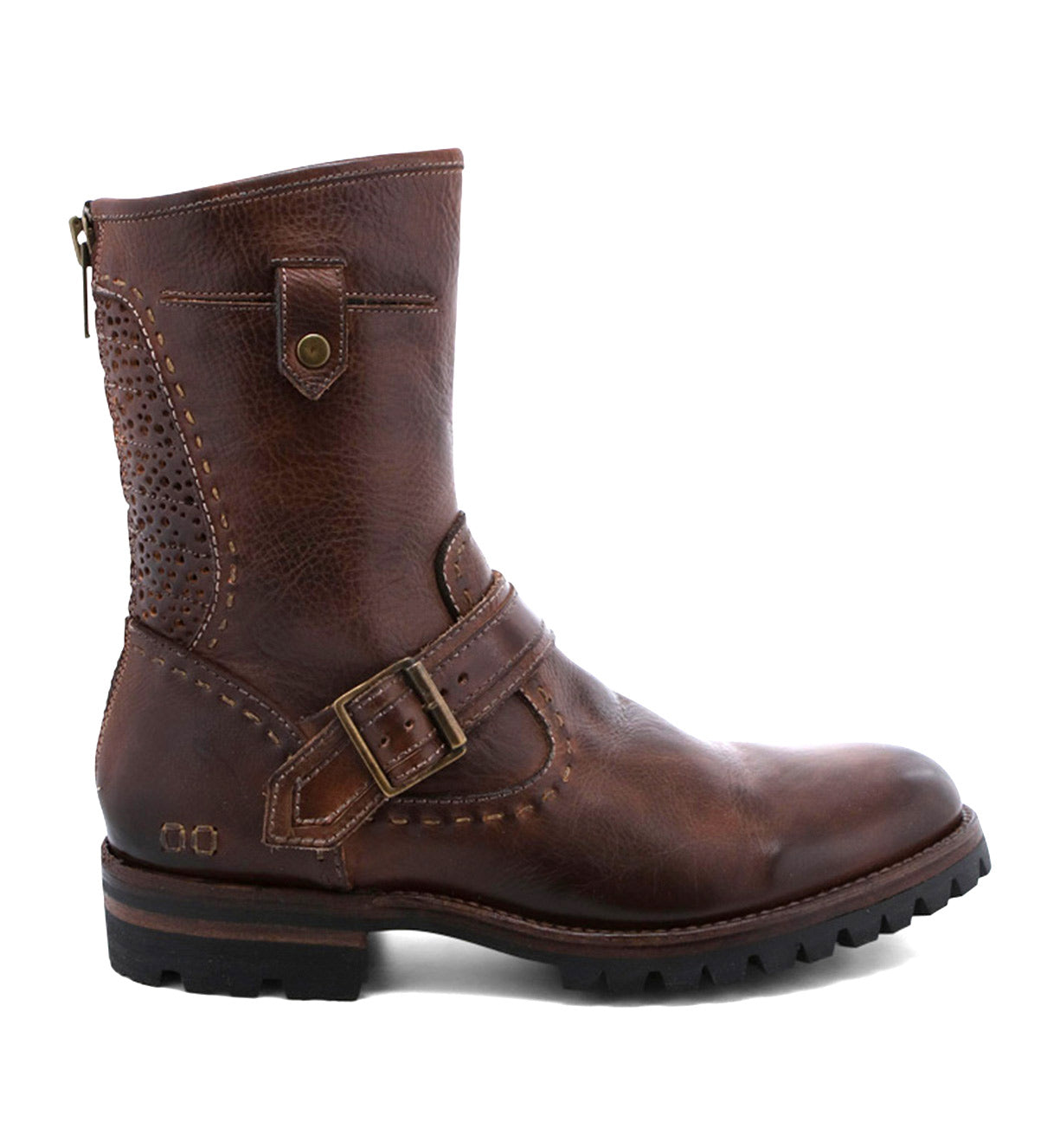 A men's brown leather Brando boot with Bed Stu buckles.
