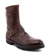 Men's Brando brown leather boots with Bed Stu buckles and buckles.