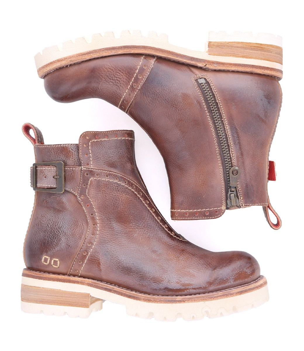 A pair of Brianna boots from Bed Stu, made of brown leather and with zippers on the side.