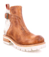 A women's Brianna tan leather ankle boot with a white sole by Bed Stu.