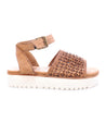 A Brisa women's tan leather sandal with a white sole from Bed Stu.