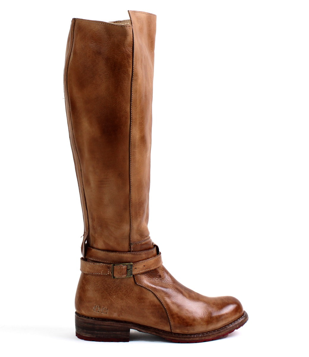 A women's brown leather riding boot with buckles, the Bristol Wide Calf by Bed Stu.