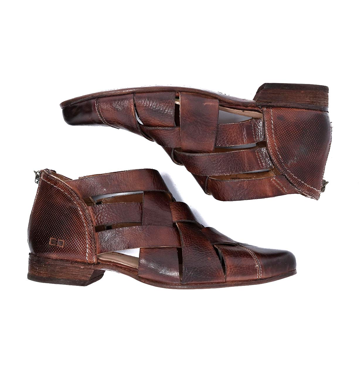 A pair of Bed Stu Brittany brown leather sandals with straps.