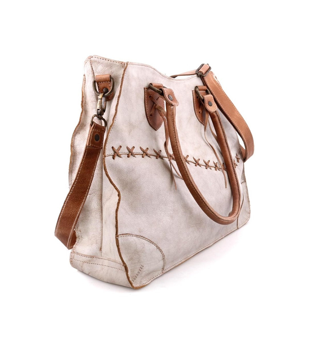 A white and tan Bed Stu Bruna pure leather bag with straps.