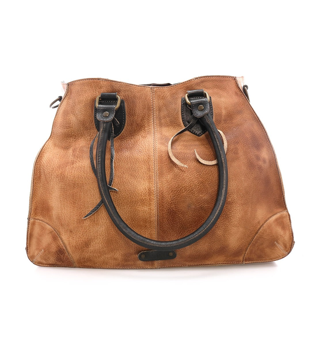 A brown leather handbag with black handles, the Bruna by Bed Stu.