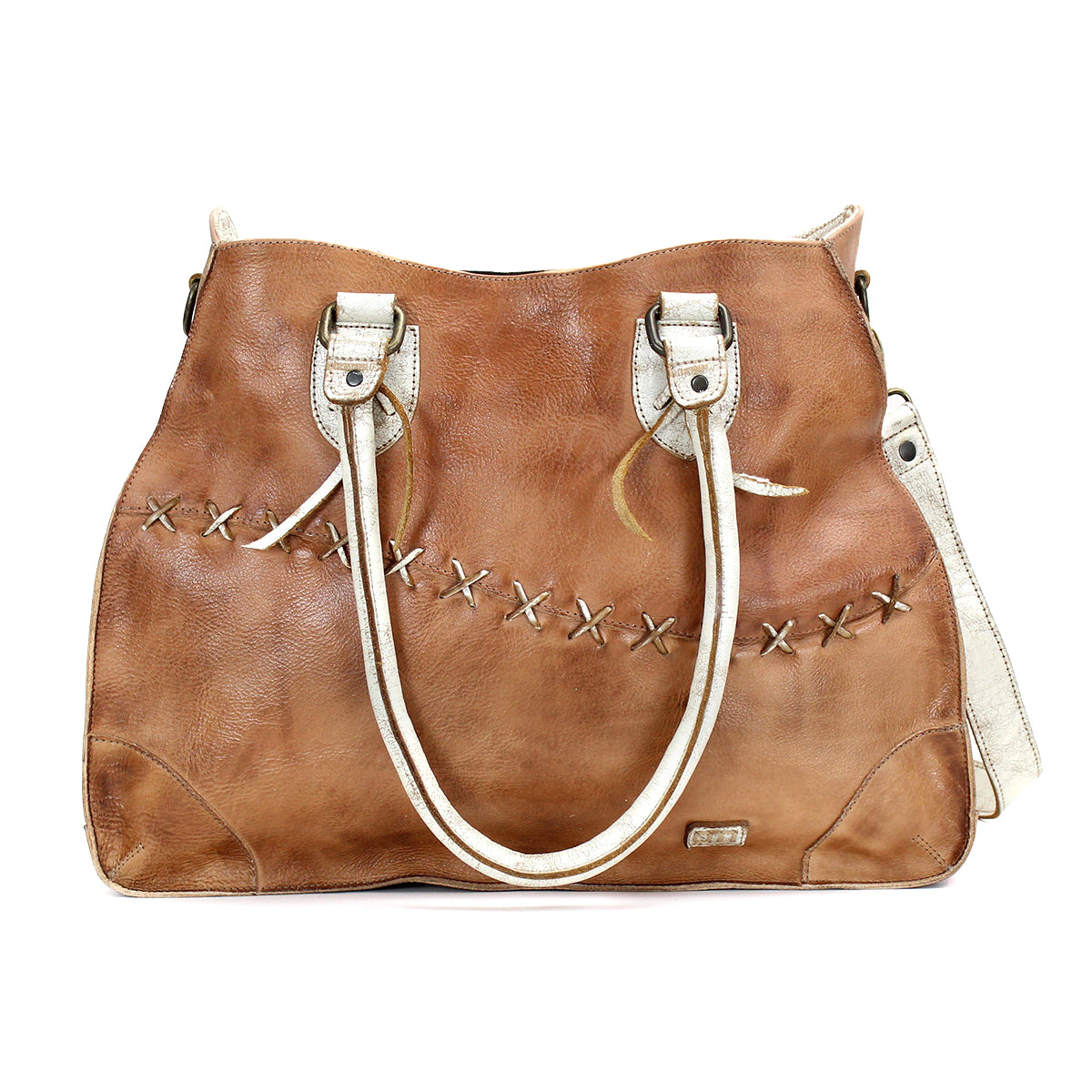 A Bruna leather handbag by Bed Stu with studs, handles, and a zipper.