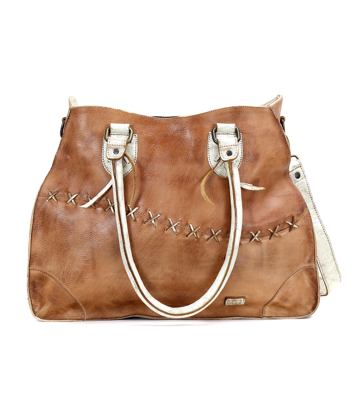 A brown leather handbag with white stitching and handles, featuring side buckles and a zipper closure on a white background. Perfect for outfit dilemmas from Bed|Stü's 'Shop the Look' Bundle!