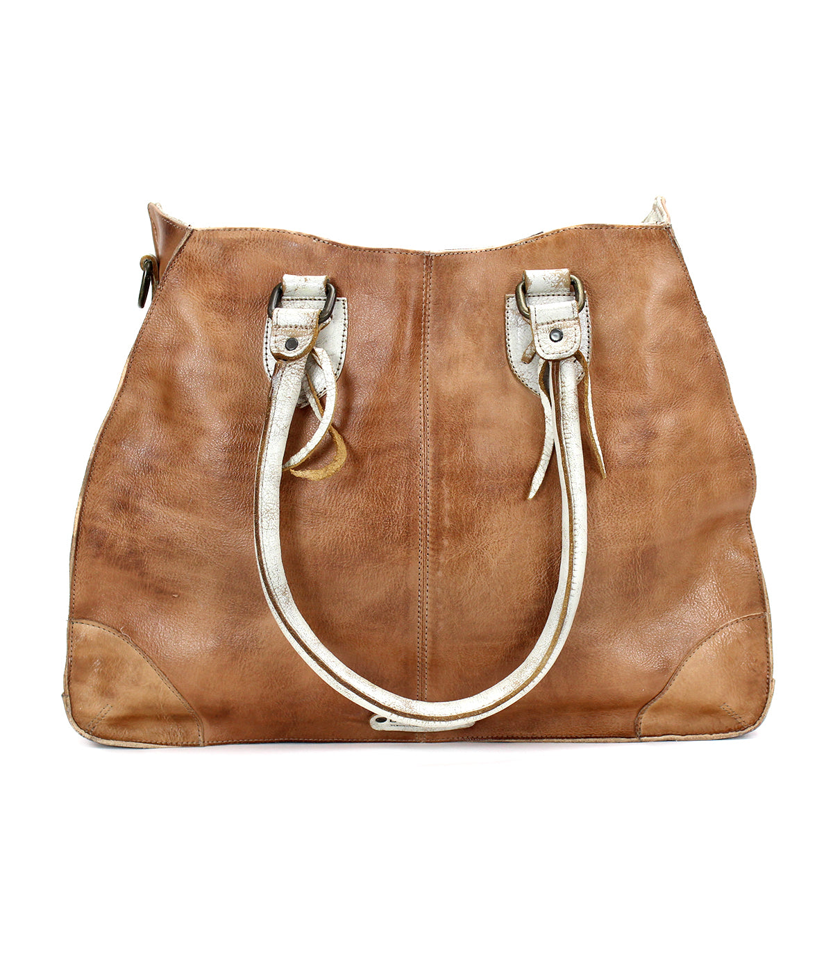 A Bruna handbag by Bed Stu, made of brown leather with shoulder straps and a zipper.