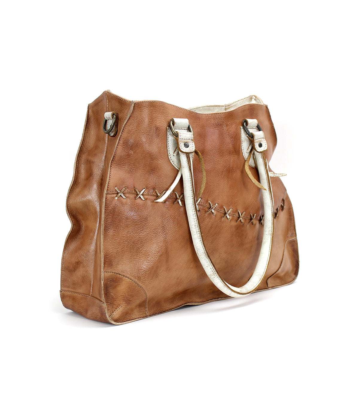 A Bruna brown leather bag with white shoulder straps and zipper by Bed Stu.