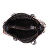Inside of a teak Bed Stu Bruna leather bag with black handles.