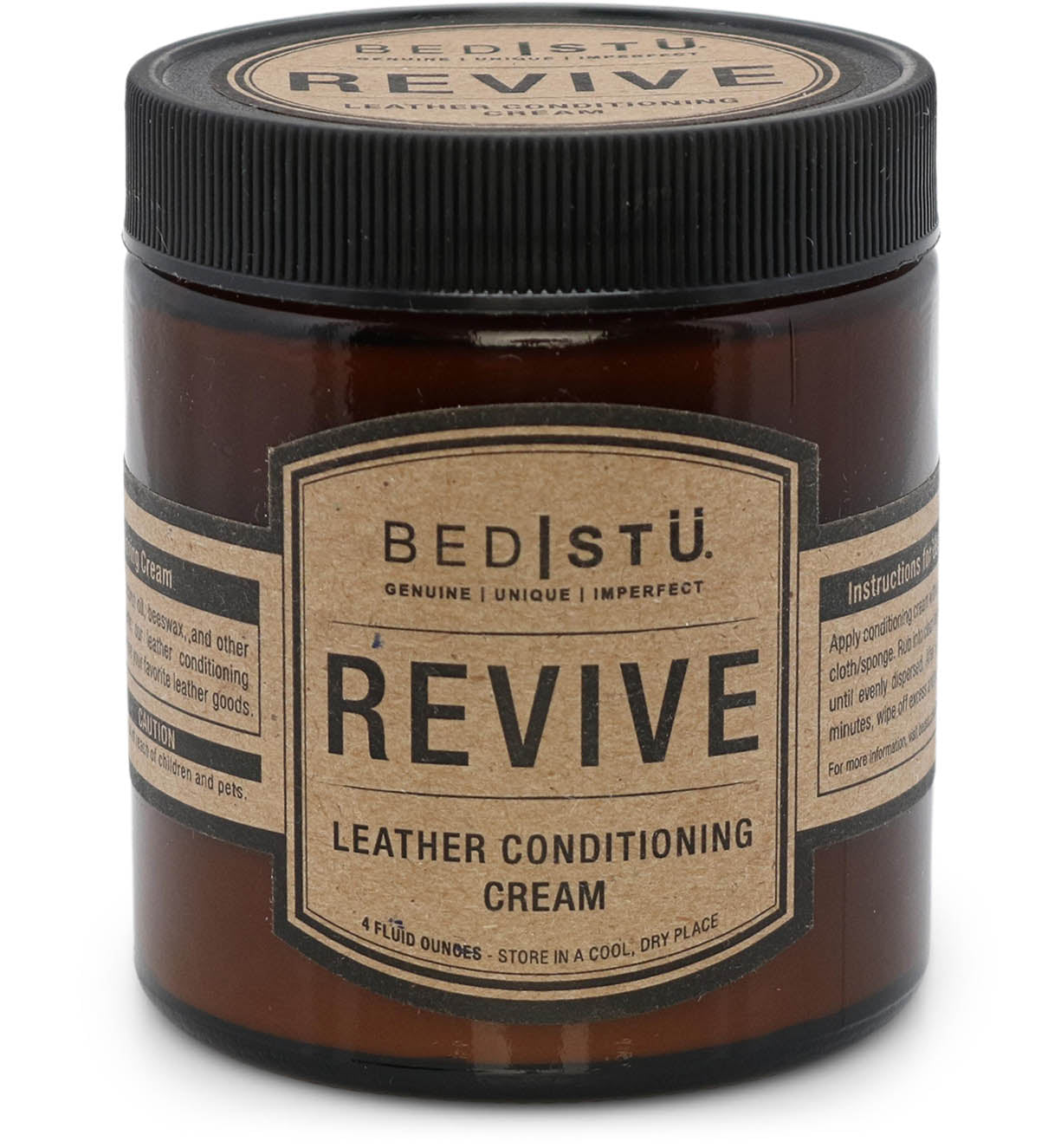 A jar of Bed|Stü Revive Leather Care Package with a label indicating it is for leather care, displayed against a white background.