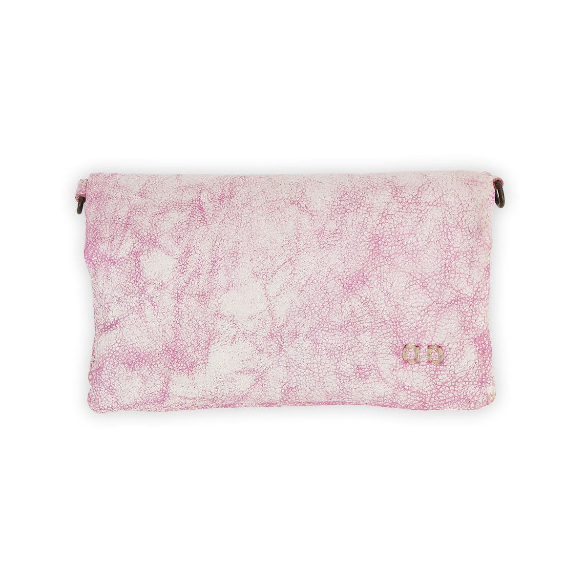 The Bed Stu Cadence is a pink textured clutch with a fold-over flap, small metal emblem, and includes a compact wallet inside for convenience.