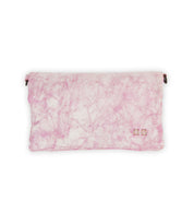 The Bed Stu Cadence is a pink textured clutch with a fold-over flap, small metal emblem, and includes a compact wallet inside for convenience.