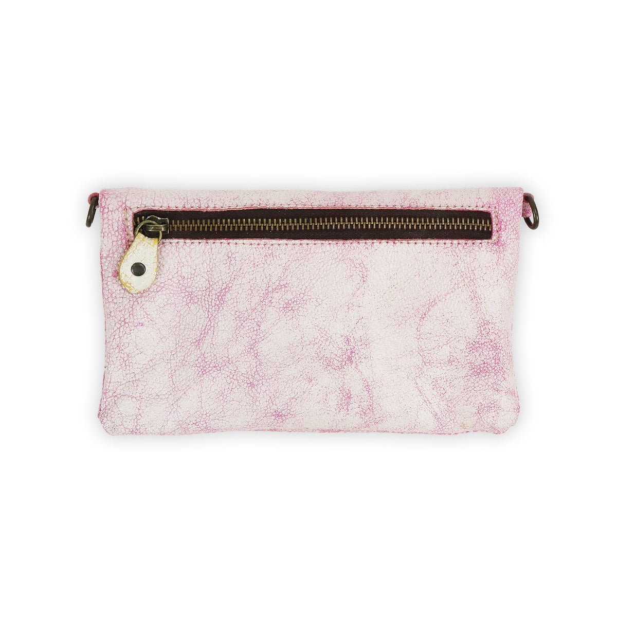 The Cadence by Bed Stu is a rectangular pink and white textured pouch with a brown zipper and round white pull, easily converting into a stylish wallet or crossbody to suit your style.
