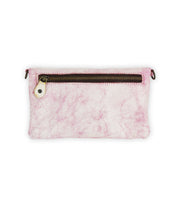 The Cadence by Bed Stu is a rectangular pink and white textured pouch with a brown zipper and round white pull, easily converting into a stylish wallet or crossbody to suit your style.