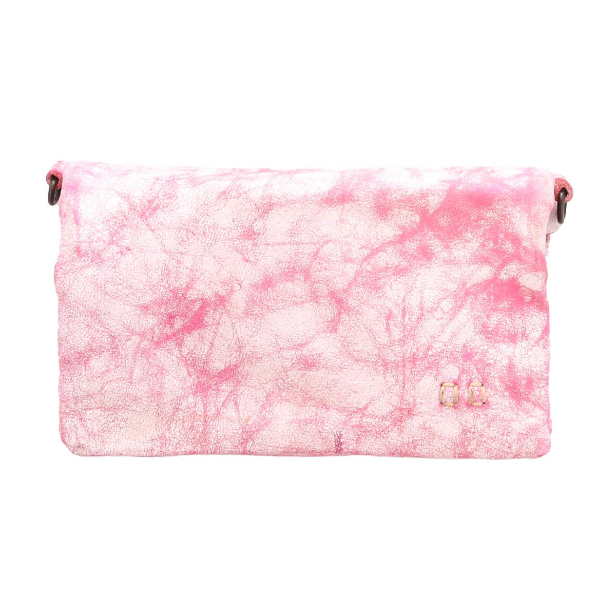 The Cadence by Bed Stu is a pink marbled crossbody handbag featuring a fold-over flap and a small metal emblem on the front.