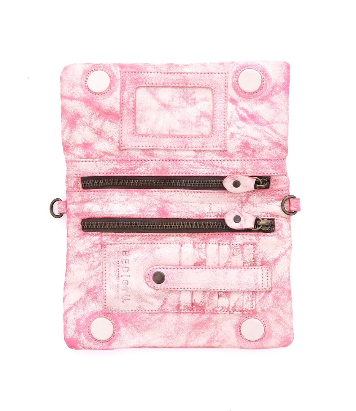 Unlock the versatility of Bed Stu's Cadence wallet, showcasing a marbled pink design with a 3-in-1 functionality, multiple zippers, card slots, and snap closures.
