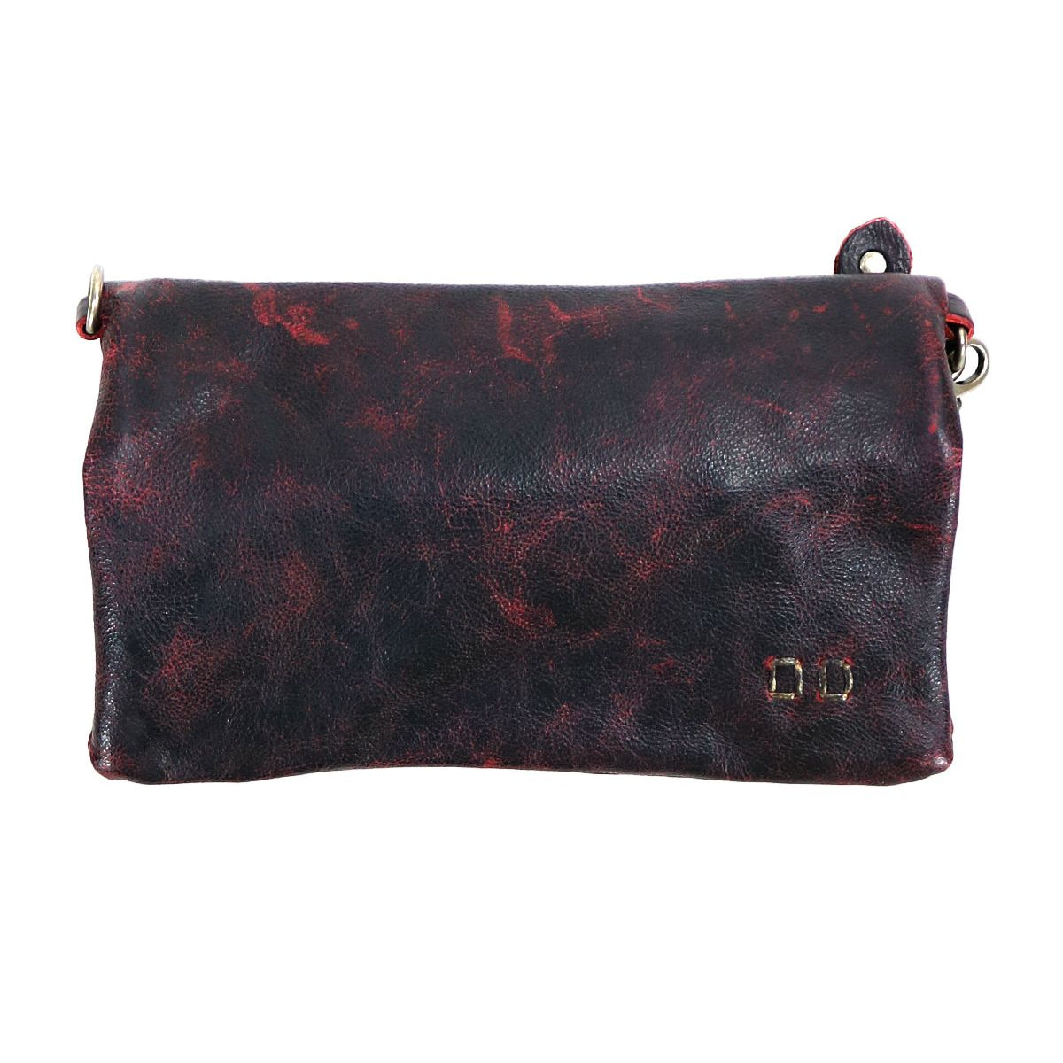 The Cadence clutch by Bed Stu is designed with black leather and a marbled red pattern, featuring a fold-over flap and metallic ring accents.