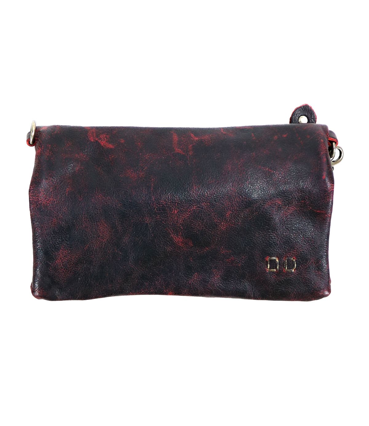The Cadence clutch by Bed Stu is designed with black leather and a marbled red pattern, featuring a fold-over flap and metallic ring accents.