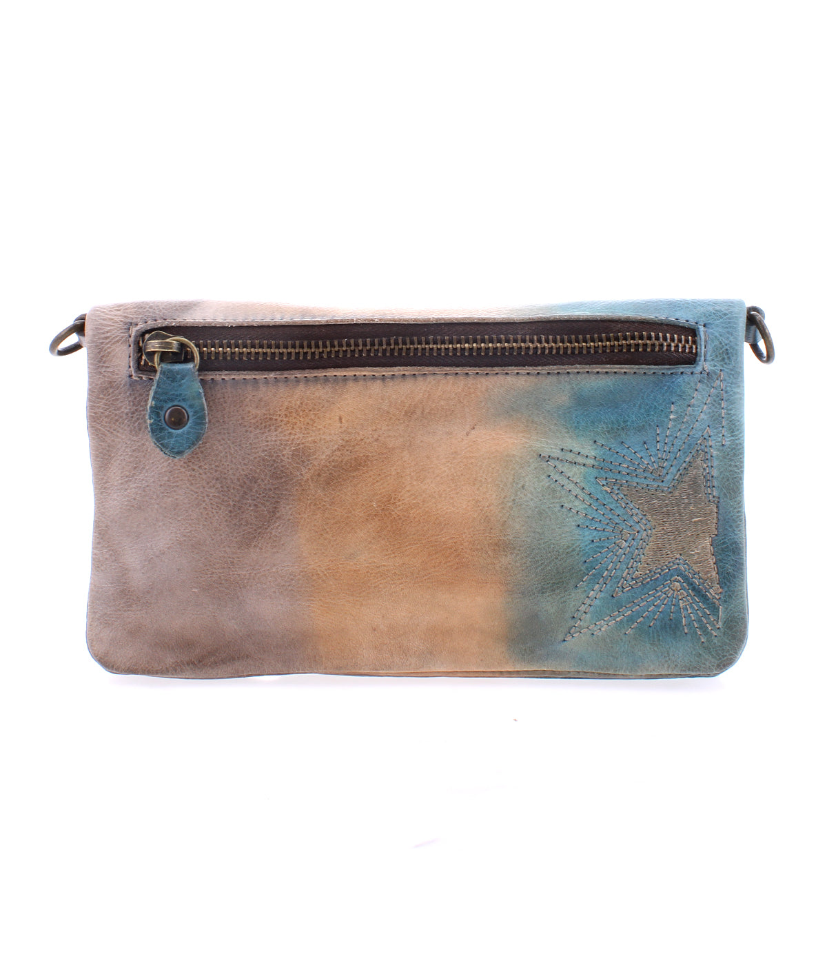 A versatile blue and brown leather clutch bag with an embroidered star, perfect for adding a touch of Bed Stu Cadence Speed to any outfit.
