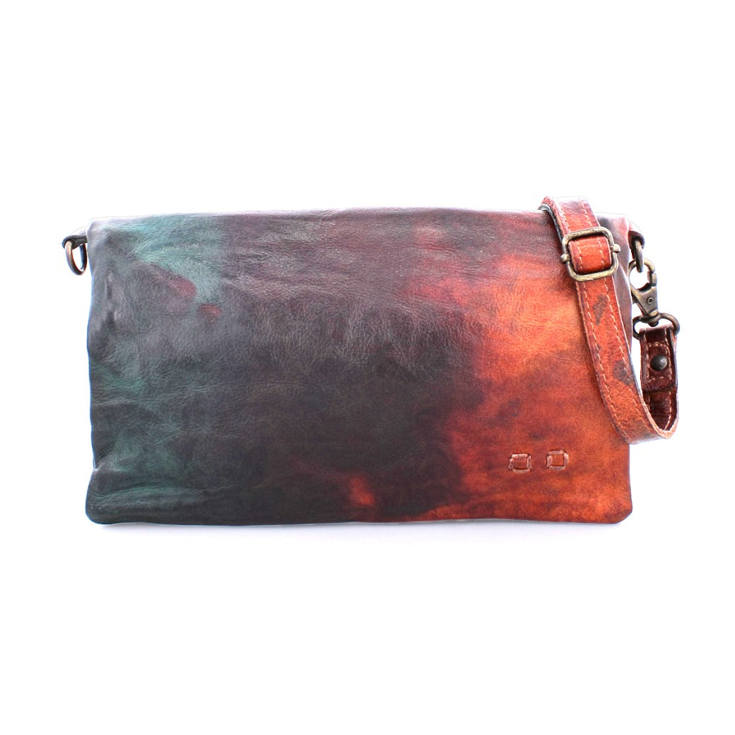 A Bed Stu Cadence leather cross body bag with a multi colored pattern.