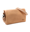 A Bed Stu Cadence tan leather crossbody bag with an adjustable strap.