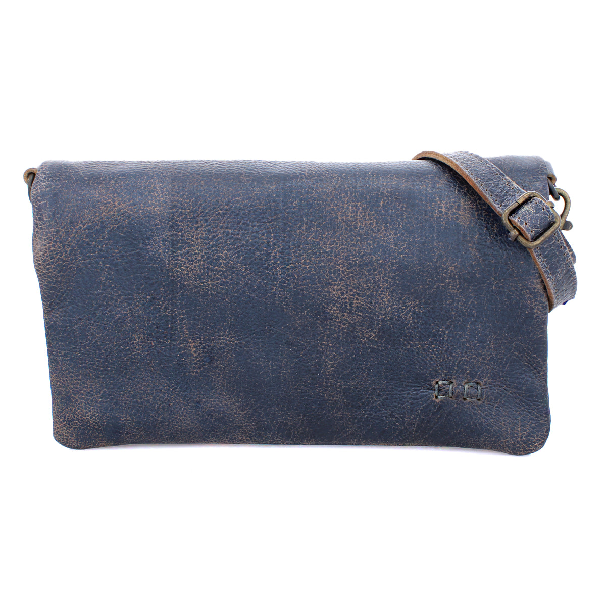 A Cadence by Bed Stu, a blue leather crossbody bag with an adjustable strap.