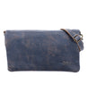 A Cadence by Bed Stu, a blue leather crossbody bag with an adjustable strap.
