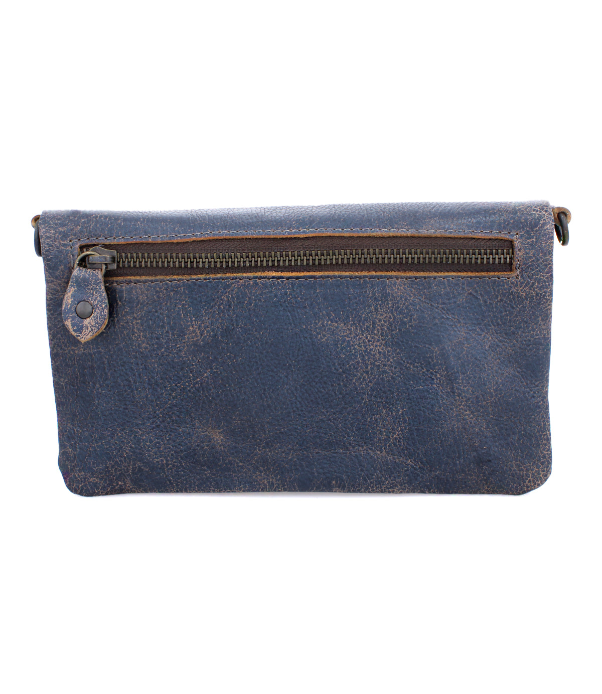 A Cadence by Bed Stu blue leather clutch bag with a zipper.