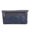 A Cadence by Bed Stu blue leather clutch bag with a zipper.