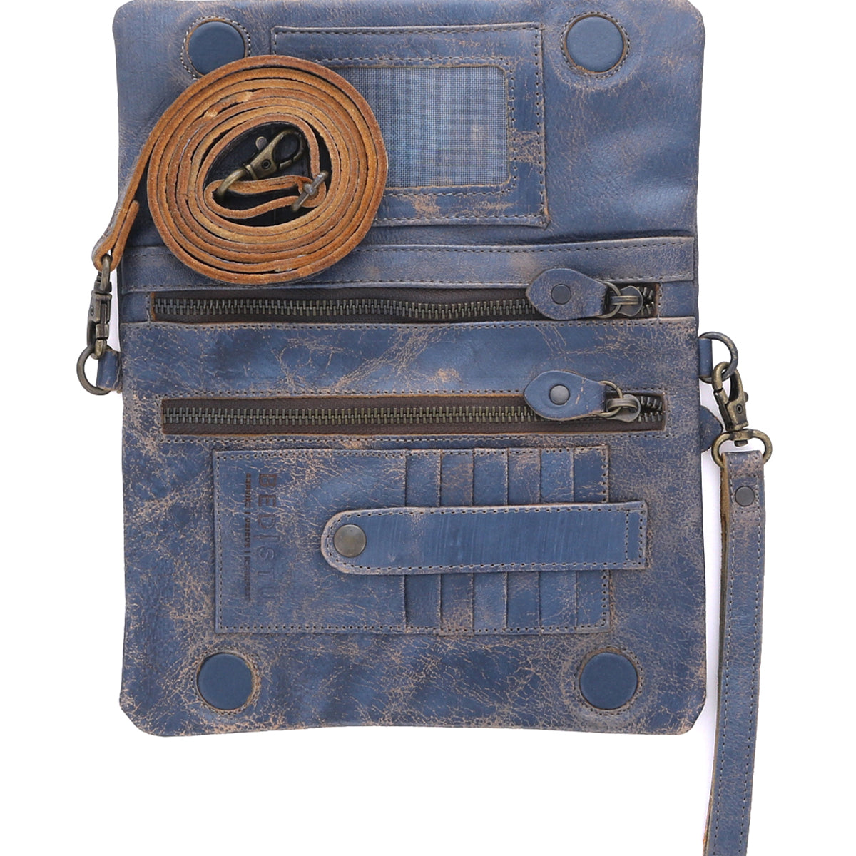 Inside a Cadence blue leather clutch bag by Bed Stu.