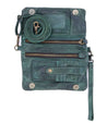 A Cadence by Bed Stu, green leather cross body bag with a zipper.