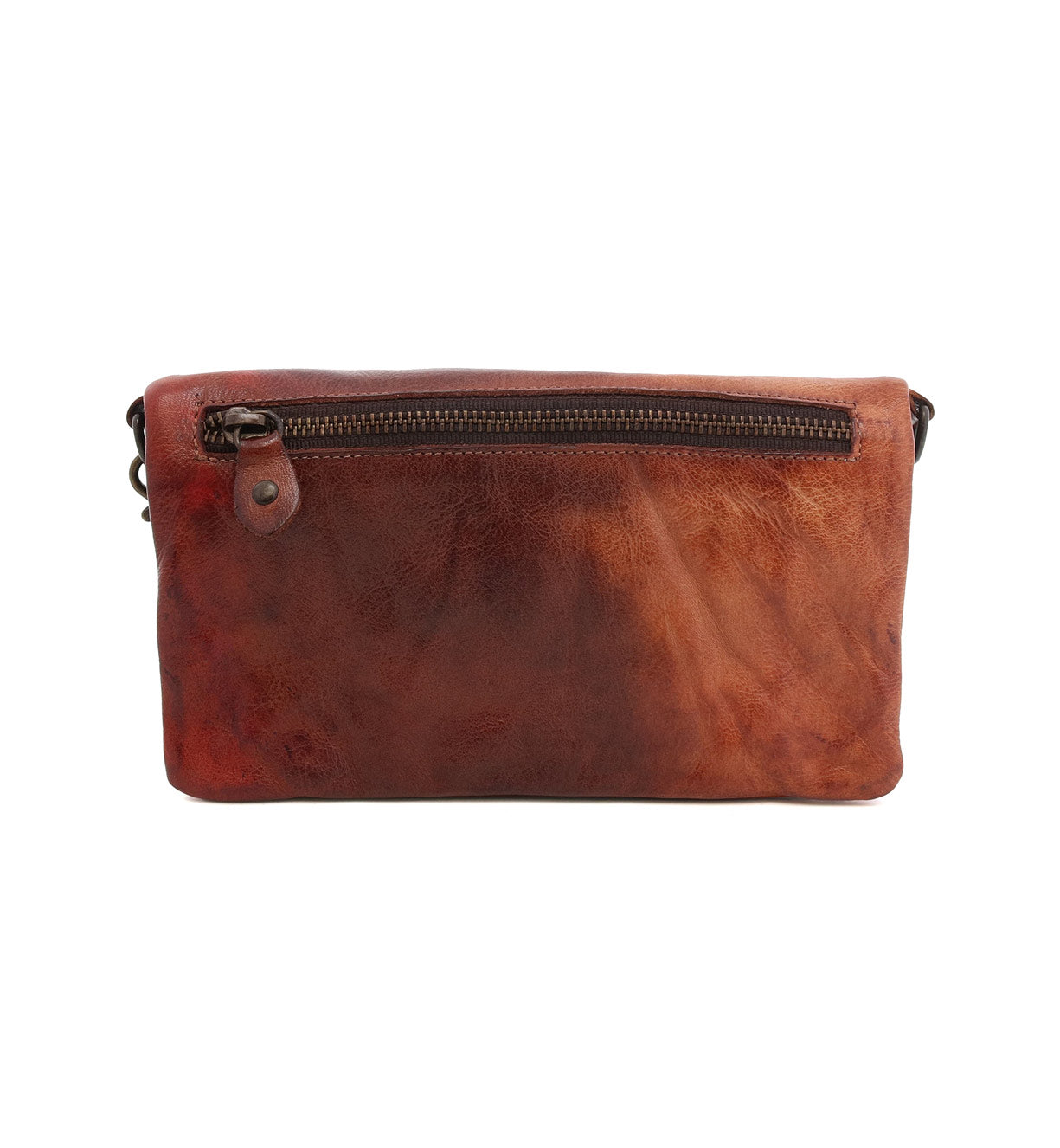 A brown leather Bed Stu Cadence cross body bag with a zipper.