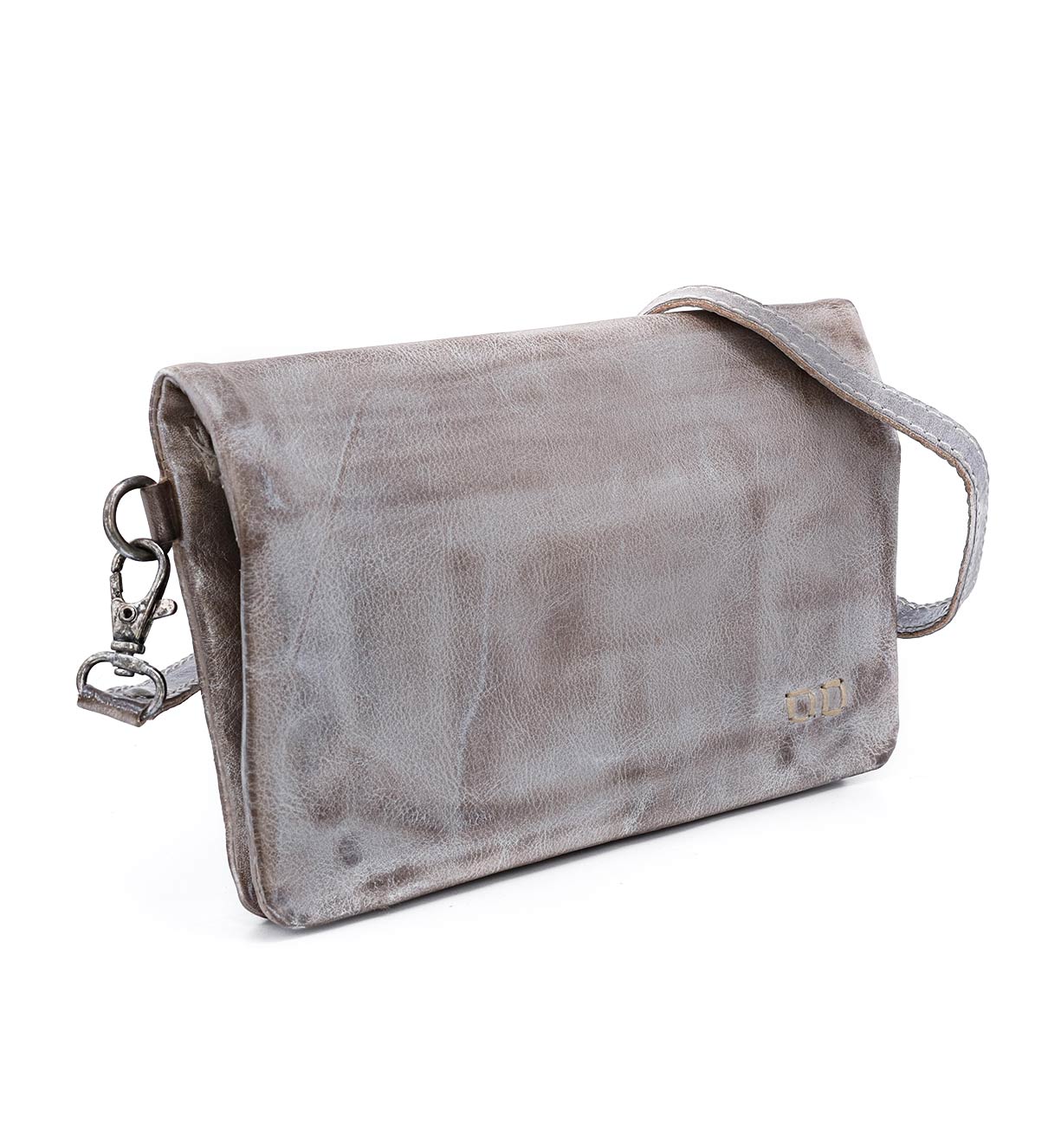 A grey leather Bed Stu Cadence crossbody bag with a strap.