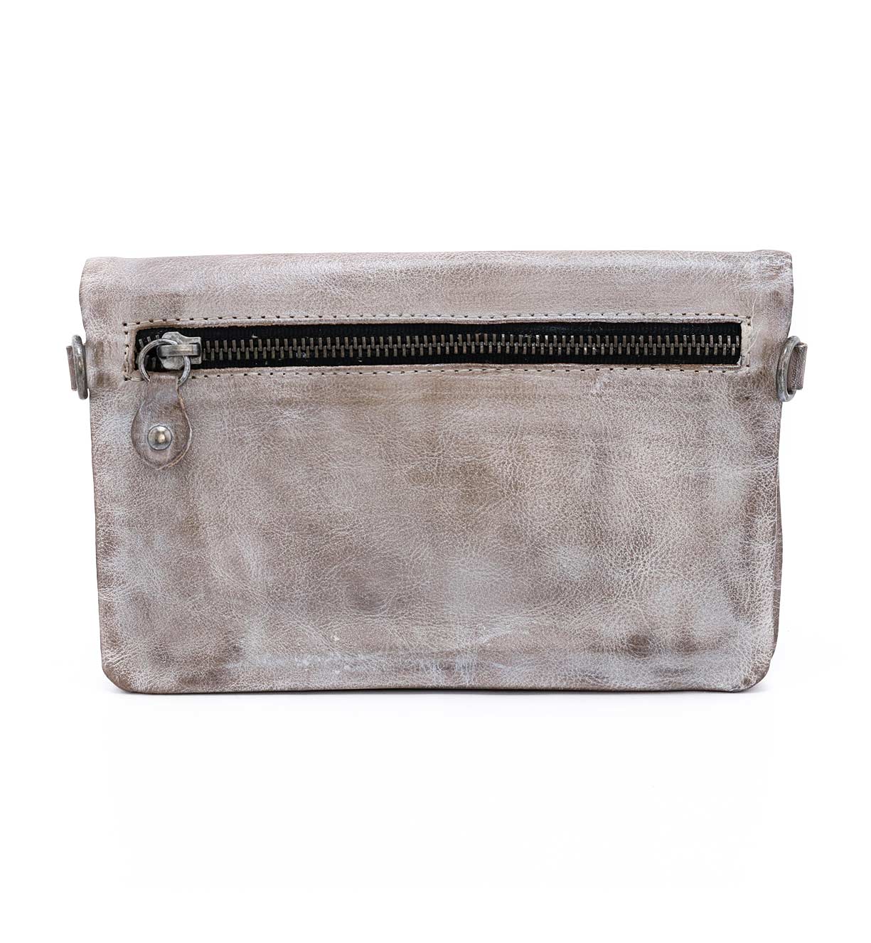 A grey leather Cadence clutch bag with a zipper by Bed Stu.