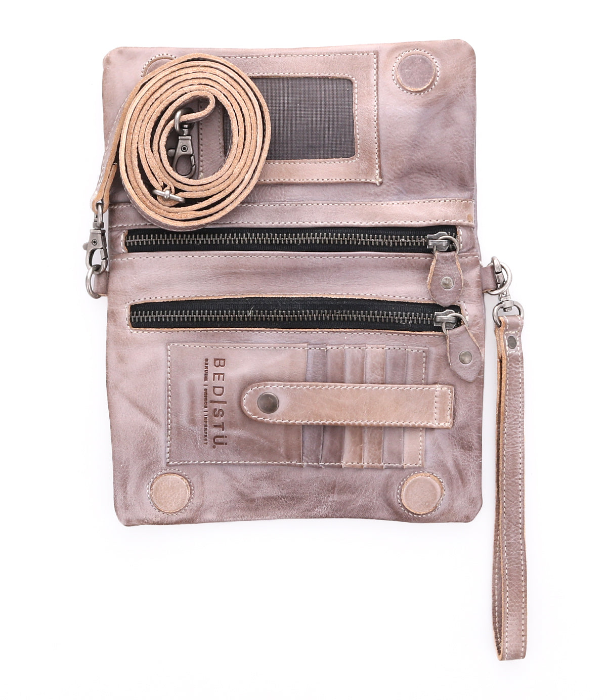 Inside a Cadence light grey leather clutch bag by Bed Stu.