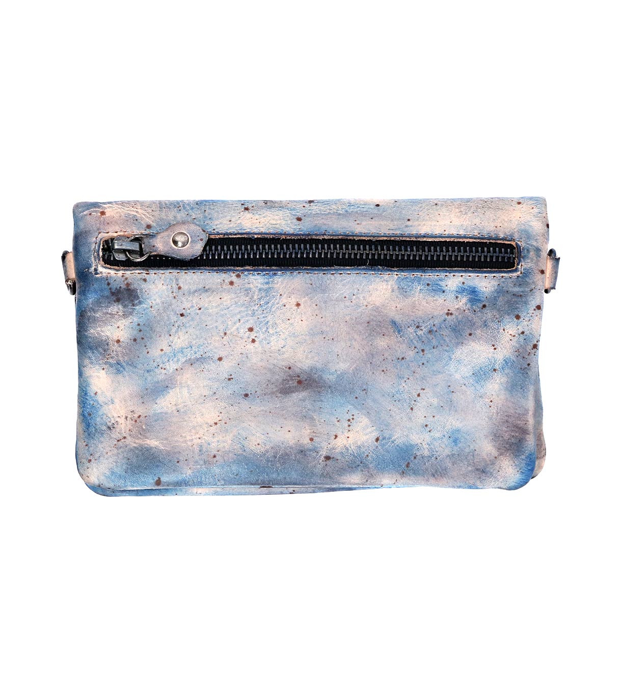 A Cadence by Bed Stu blue leather clutch bag with a zipper.