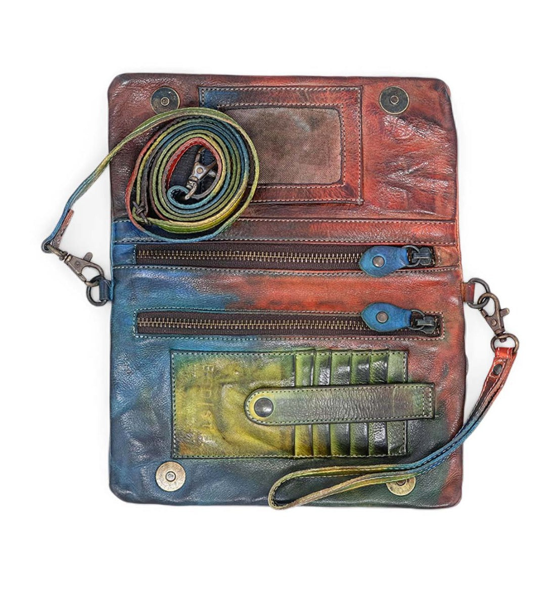 Inside a Cadence colorful leather clutch bag by Bed Stu.