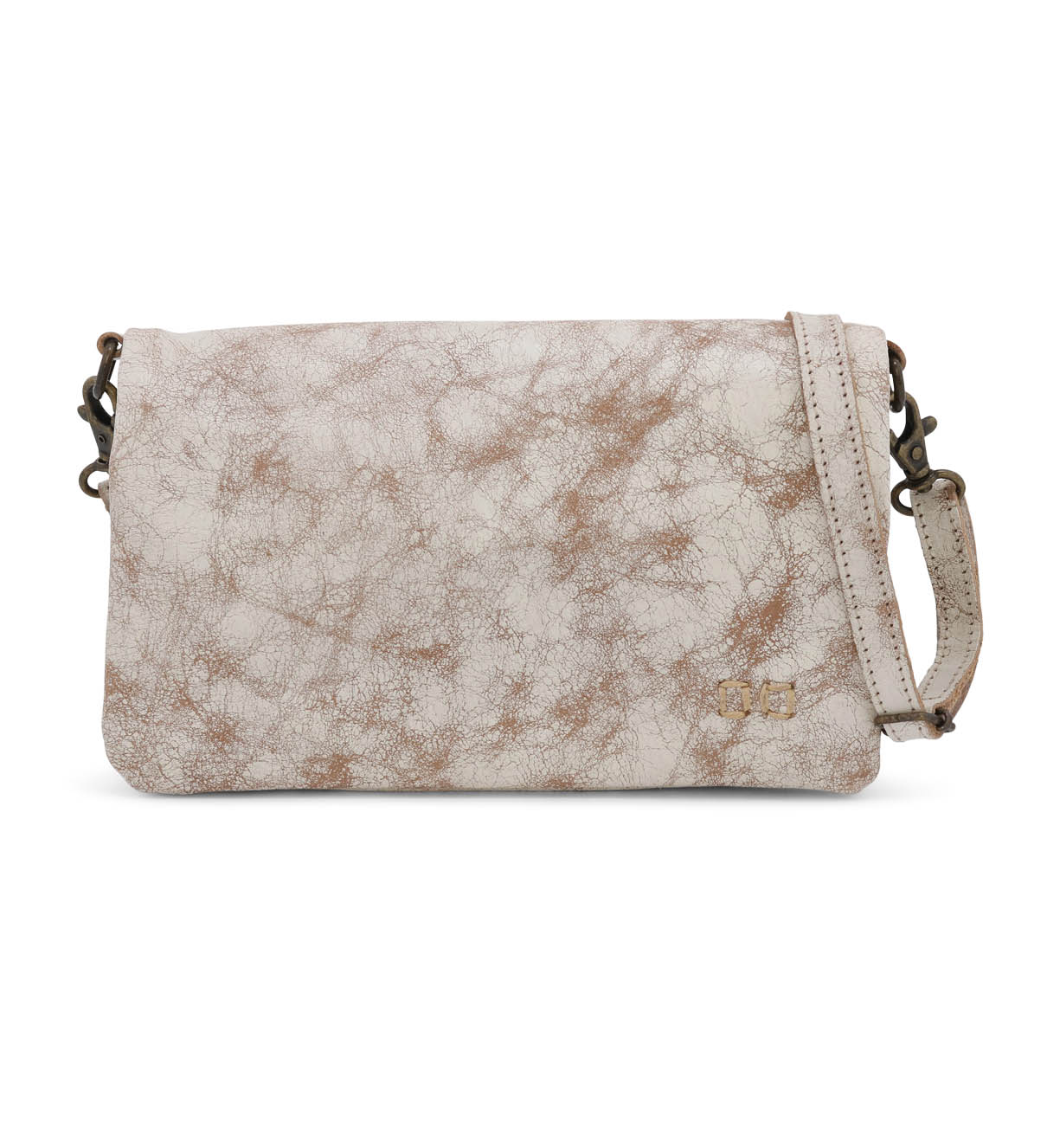 The Cadence crossbody clutch by Bed|Stü features beige and brown textured, premium vegetable-tanned leather, accented with metallic hardware and a short strap, shown against a white background.