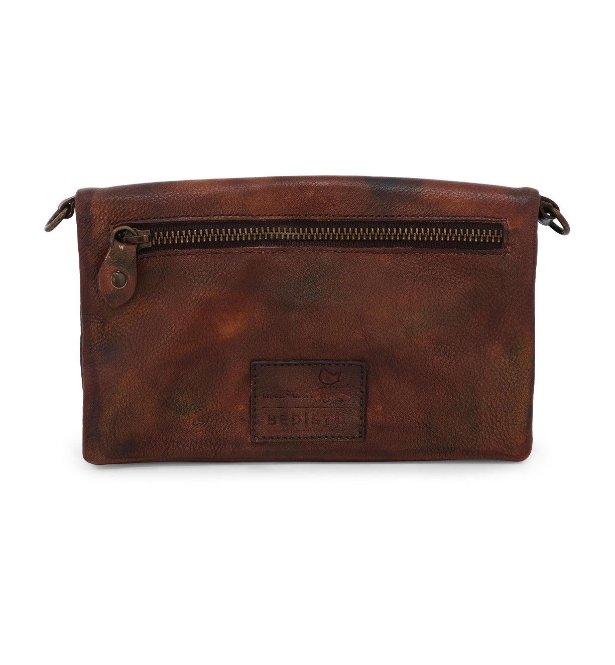 A brown leather Cadence bag from Bed Stu with a zipper.