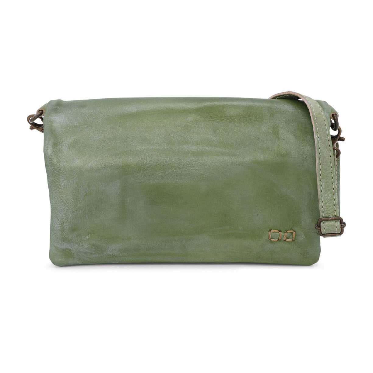 A Cadence by Bed Stu green leather crossbody bag with an adjustable strap.