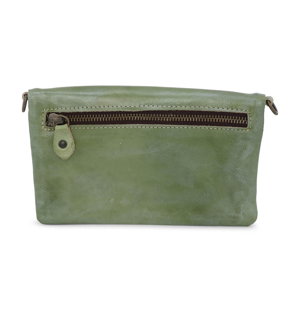 A Cadence by Bed Stu green leather bag with a zipper.