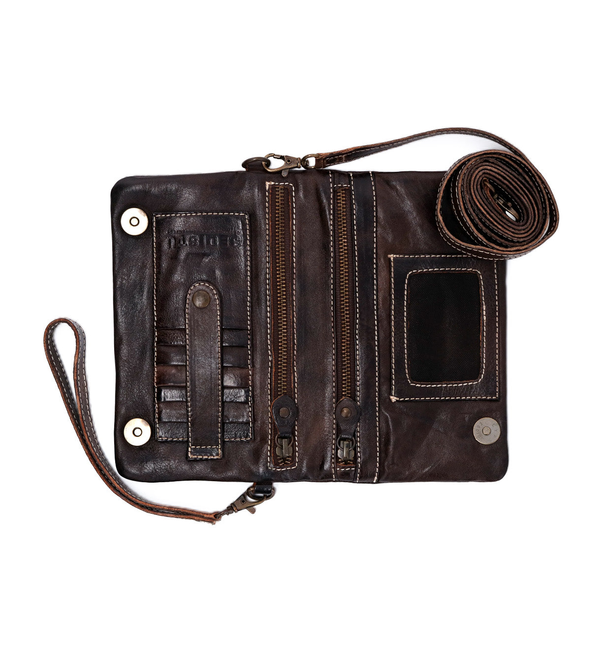 A brown leather Cadence wallet with two zippers and a strap by Bed Stu.