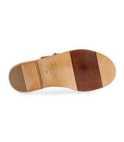 A brown slip on Italian leather sandal with a gold buckle product shot.