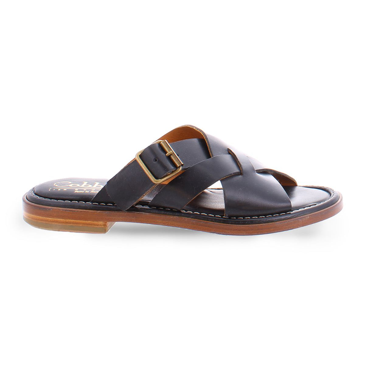 A black slip on Italian leather sandal with a gold buckle product shot.