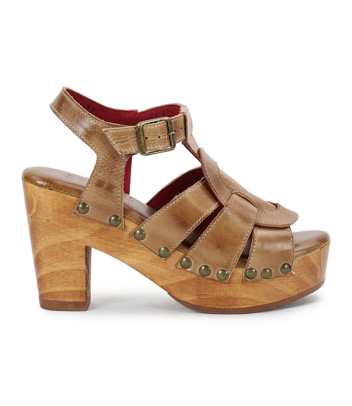 The Caitlin II by Bed Stu is a tan woven leather platform sandal with a wooden block heel, ankle strap and buckle closure, finished with stud details along the sole edge.