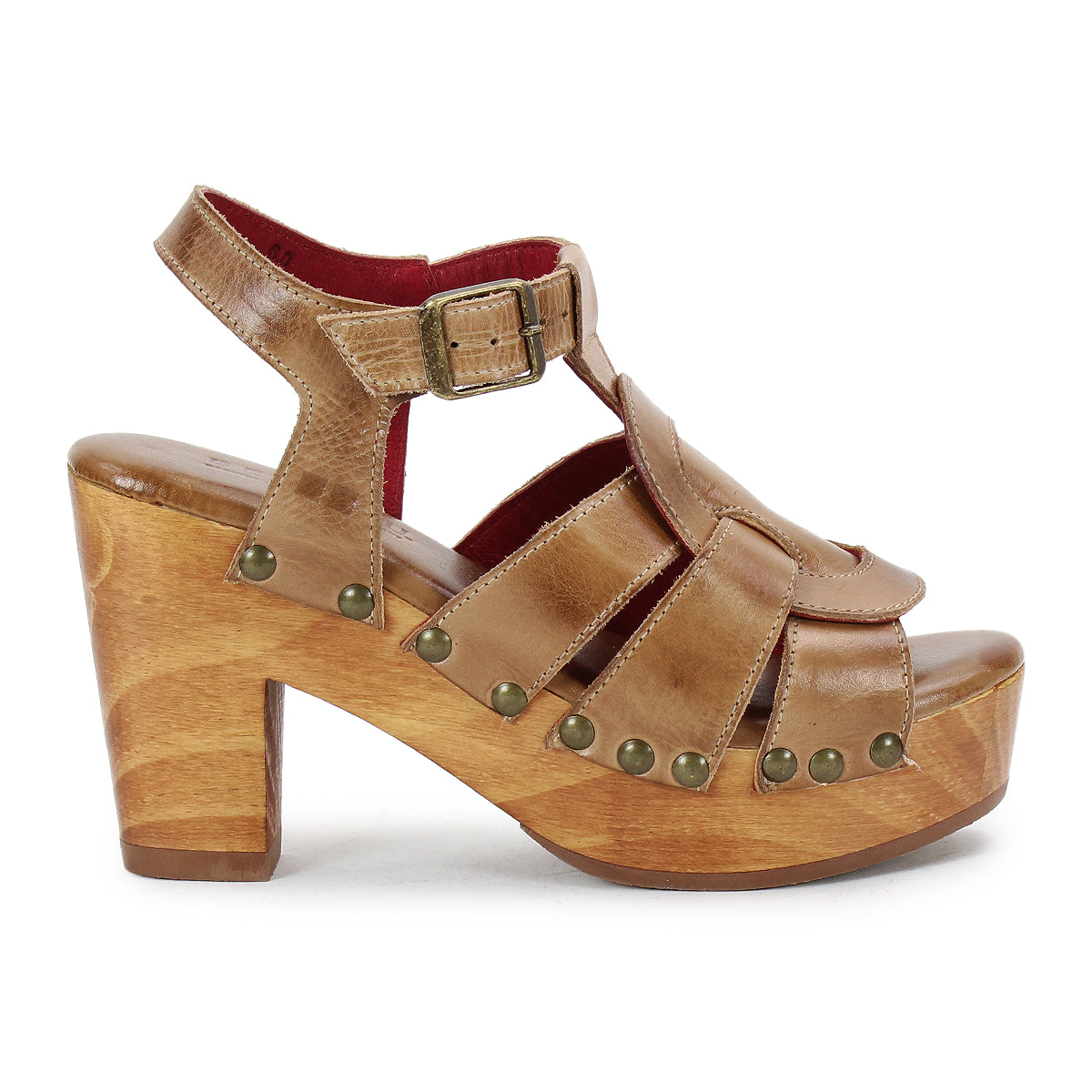The Caitlin II by Bed Stu is a tan woven leather platform sandal with a wooden block heel, ankle strap and buckle closure, finished with stud details along the sole edge.