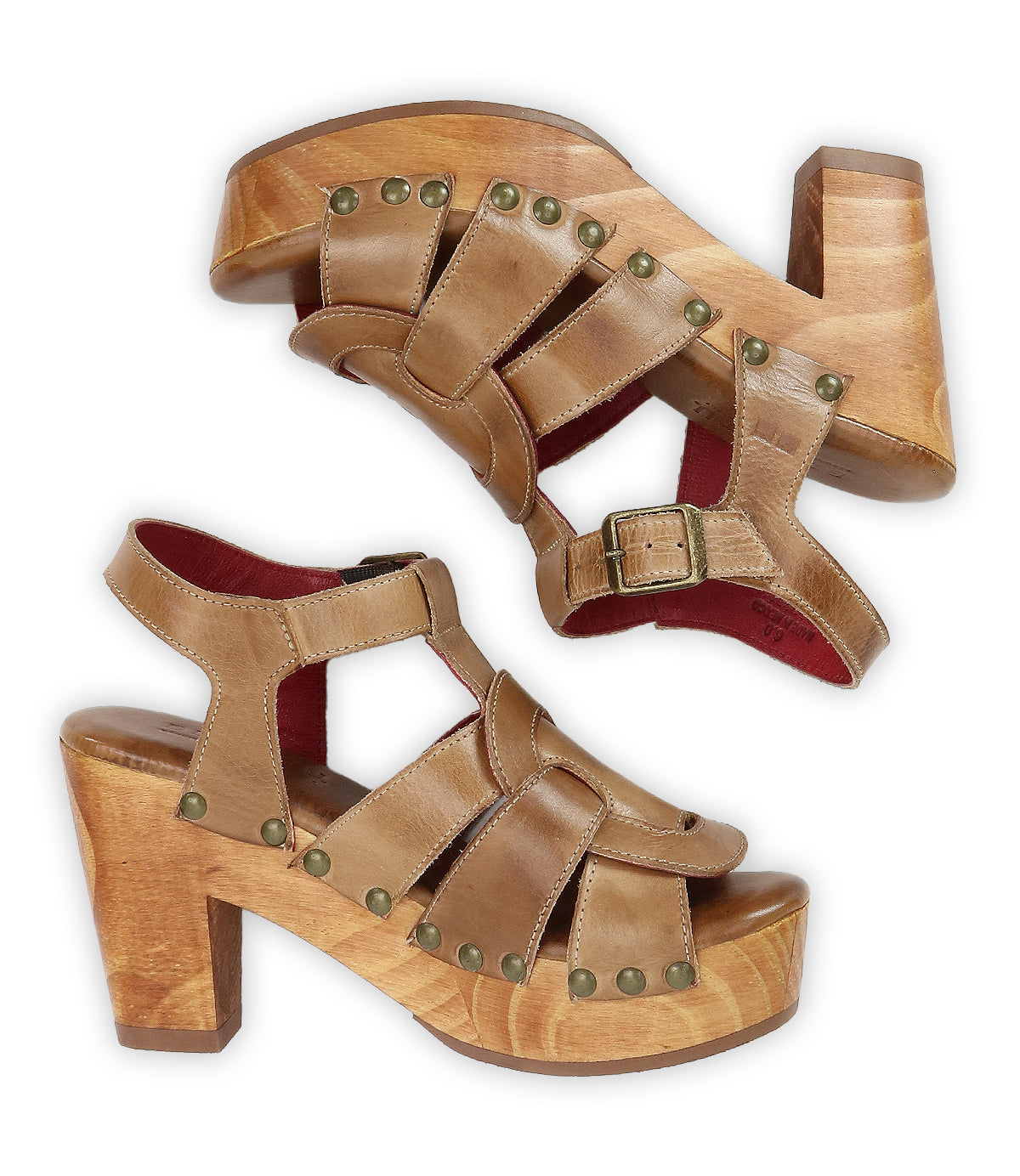 The Bed Stu Caitlin II is a pair of tan woven leather platform sandals featuring wooden heels, stud accents, open toes, and ankle straps with buckles.