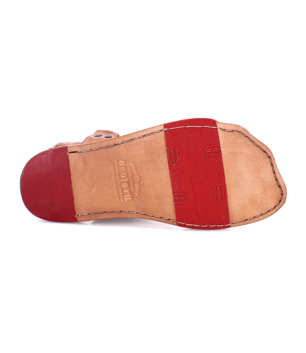 Sole of tan Callista leather sandal by Bed Stu.